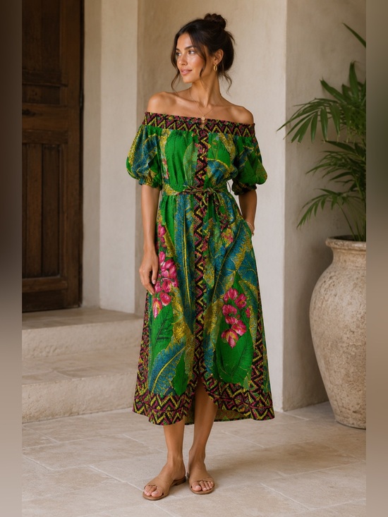 FARM Rio Dresses & Skirts - FARM Rio NWT Banana Leaves Off the Shoulder Midi Dress W/Belt and Puff Sleeves.